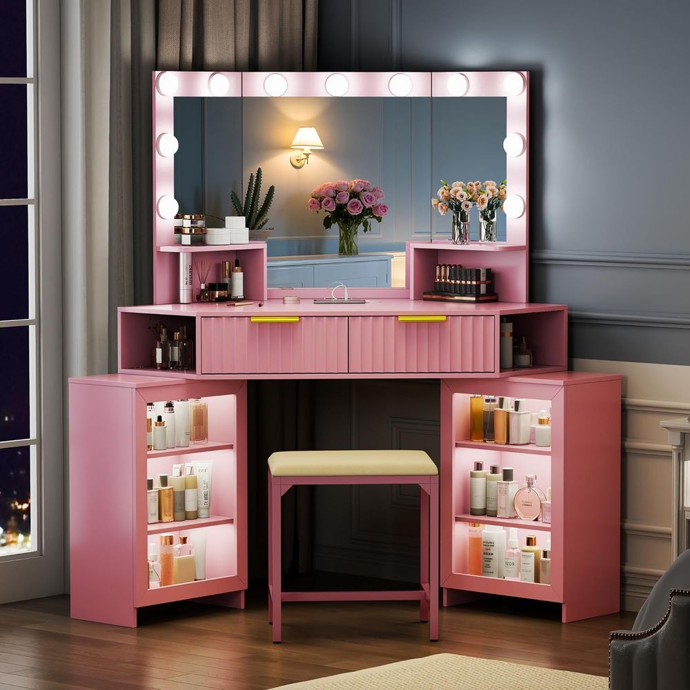 Beauty Makeup Outlet - LED-Illuminated Makeup Vanity Desk with Storage